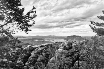 View from Pfaffenstein in black and white. Forests, mountains, vastness, panorama