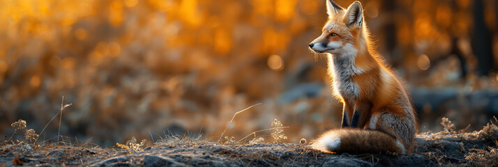 wild red fox in summer on forest. Panoramic wildlife landscape