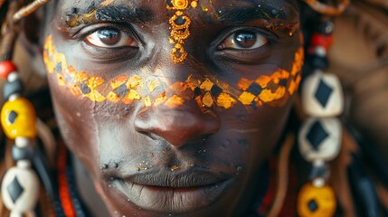 African Man with Traditional Face Paint and Beaded Jewelry