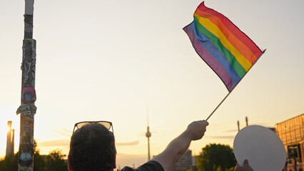 Rainbow flag waving. Lgbt community symbol. Stop no homophobia concept. Pride month fest. Bi gay...