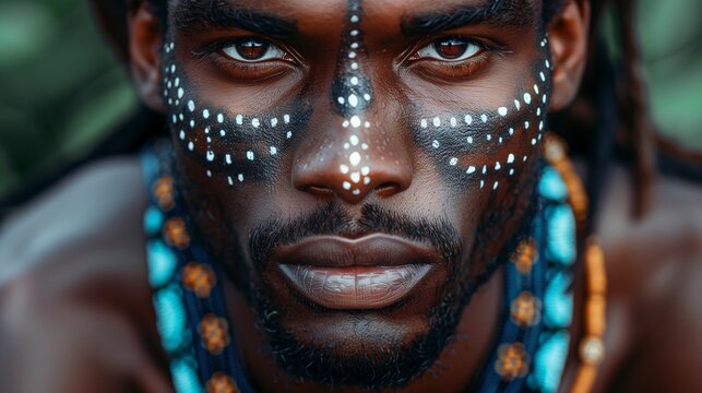 Close-up Portrait of Man with Traditional Tribal Face Paint