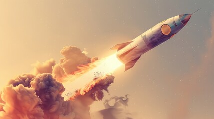 Shiny metal rocket launching with smoke trail on beige background ,rocket launch with huge chunks of rock landing. scientific and technological achievements in field of space exploration.  - obrazy, fototapety, plakaty