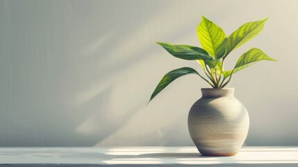 Beautiful Green Plant leaf In a Ceramic Vase on White Background for Interior Decoration