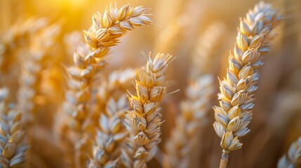 Golden Wheat Field Close-Up at Sunset - obrazy, fototapety, plakaty