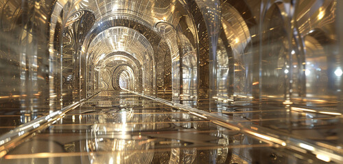 A labyrinth of mirrored surfaces reflecting intricate patterns infinitely.