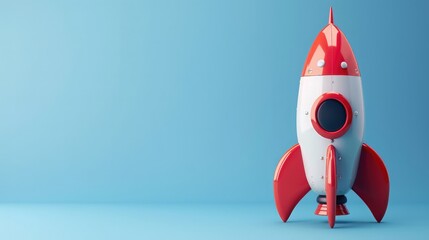Small red and white toy rocket standing on blue background.3d rendering of spaceship ready to take off,Rocket or spaceship on a yellow background. Rocket projectile of red, white color with sky back
