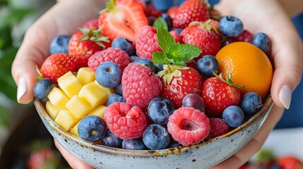 A bowl of colorful berries and fruit held in a person's hands