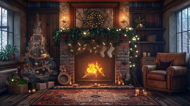 A Cozy Christmas Eve A Fireplace, Christmas Tree, and Festive Decorations Generative AI