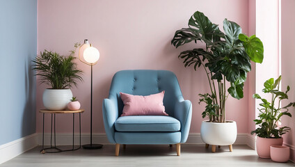 A blue armchair and a table with a plant on it in front of a pink wall.
