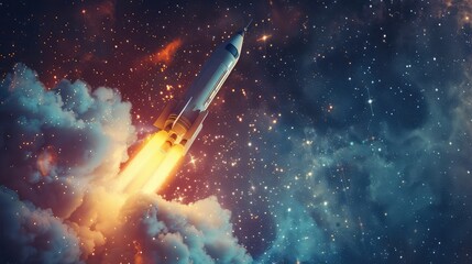 Space rocket - a concept of success, leadership, startup, rivalry. 3D rendering, Rocket successfully launched into space. Spaceship takes off into the starry sky, Rocket in the sky with clouds. - obrazy, fototapety, plakaty