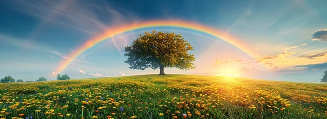 Fotobehang Rainbow of Hope A Tree in a Field of Flowers at Sunset Generative AI © Bipul Kumar