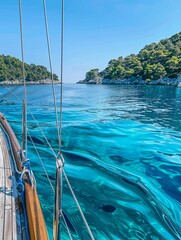 Sailing through archipelago, midday, vibrant blue sea meeting clear skies, wide lens, adventure among scattered islands , Close-up