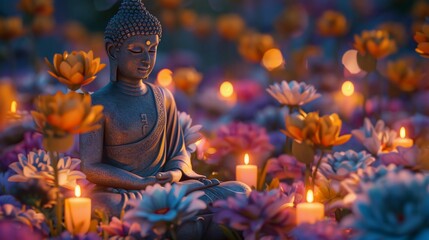 Tranquil Buddha Statue In Meditation Amongst Vibrant Flowers And Candles. Vesak Celebration, Spiritual Enlightenment, Zen Decor. Mahayana New Year