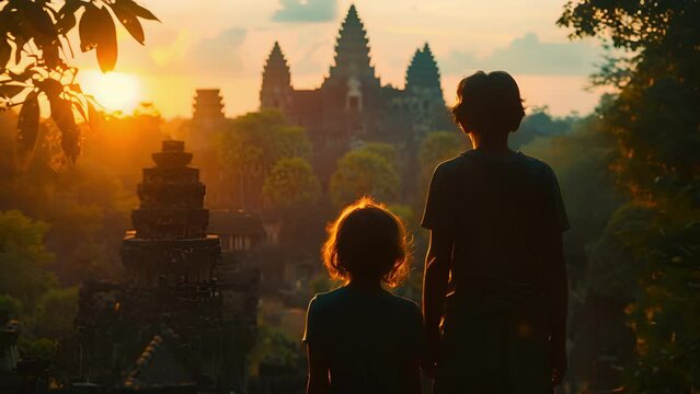 Two figures one tall and one small face away from the camera and towards the majestic ruins rising above the dense foliage. Their . .