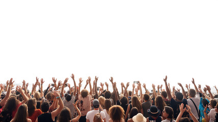 Excited concert crowd with raised hands against a bright white background.