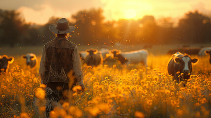 Herdsman standing in front of cattle in farm. - Powered by Adobe