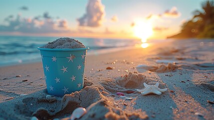 A photo of a blue paper cup with white stars on it, filled to the brim and full of sand from playing at the beach at sunset, with seashells scattered around - obrazy, fototapety, plakaty