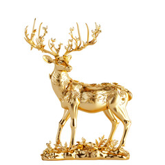 Golden deer statue, deer looking to the right, deer with beautiful antlers deer standing on a stick, Beautiful pattern, Isolated on transparent background.