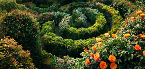 A maze constructed with vibrant floral patterns weaving through lush greenery.