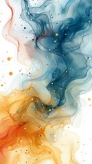 A beautiful watercolor background with swirling patterns in shades of blue, orange and gold on white, accented by splashes of vibrant colors that resemble the fluidity found within alcohol ink