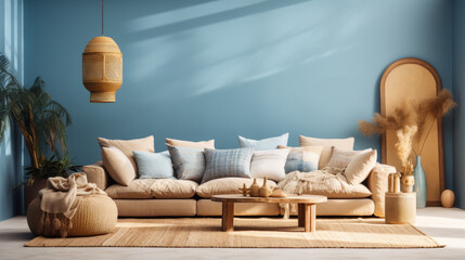 Boho living room interior in beige neutral colors