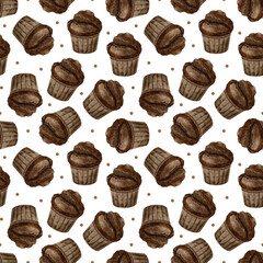 Watercolor seamless pattern of Chocolate muffins. Sweet bakery products. Background of Pastry for design of labels, packaging of goods, cards, for bakehouse, bakeshop.