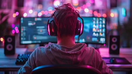 A young man wearing headphones is sitting in front of his computer, playing video games on the screen