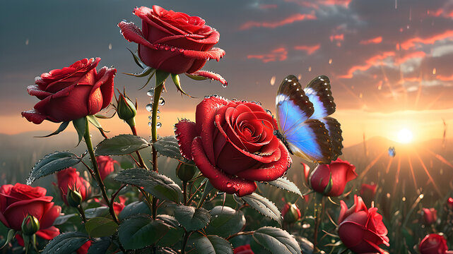 blue morpho butterfly on red rose flowers in drops of dew at sunset