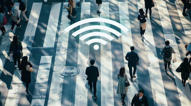 WIFI Technology Concept. Aerial View Of People Walking Over Crosswalk With Giant WiFi Symbol, Concept Of Ubiquitous Connectivity And Urban Technology.