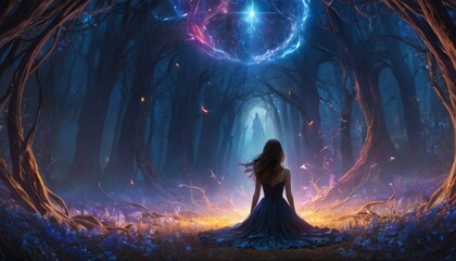 A breathtaking scene of a celestial sorceress, conjuring a spell in a mystical forest, surrounded by ethereal wildlife and energy.. AI Generation