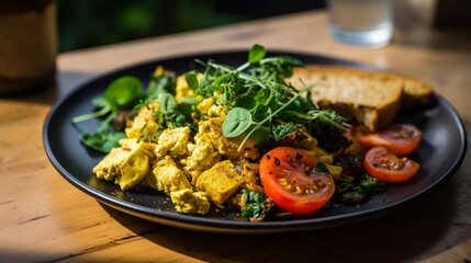 Satisfying vegan breakfast, highlighting tofu scramble