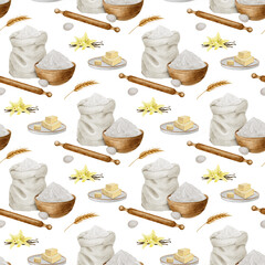 Baking ingredients. Watercolor hand drawn seamless pattern. Background of rolling pin, Flour, butter, vanilla and eggs. Print for design of labels, packaging of goods, cards, for bakehouse, bakeshop.