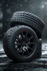 Sleek Black Car Tire with White Rim on Dark Background