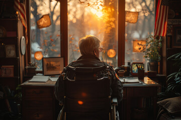 War military veteran of the American fleet sits in a wheelchair at home - obrazy, fototapety, plakaty