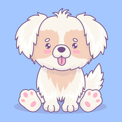 Cute white fluffy dog with tongue hanging out. Funny cartoon kawaii character animal. Vector illustration. Kids collection