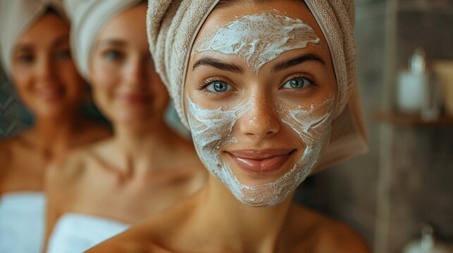 A group of women in their thirties with facial masks, enjoying the spa experience together. They smile and have hair wrapped around towel headbands, looking at camera. The background is blurred 
