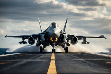 A fighter jet take off from an aircraft carrier