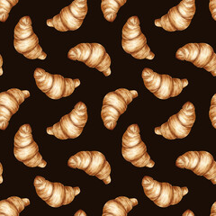 Watercolor seamless pattern of Croissants. Traditional French breakfast bun. Background of Pastry for design of labels, packaging of goods, cards, for bakehouse, bakeshop.