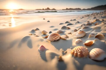 Fototapeta na wymiar A morning at the seaside, the sands untouched and smooth, with seashells scattered delicately, the