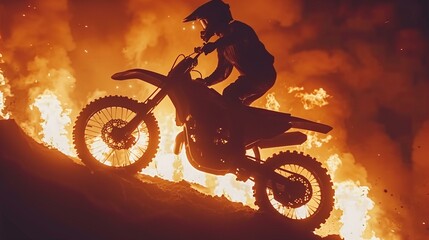 Dirt bike doing a wheelie engulfed in flames, close-up shot of rider silhouette in the style of cinematic - obrazy, fototapety, plakaty