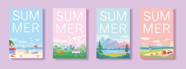 Set of summer travel and vacation posters. Landscapes of sea resorts, mountains and fields. Road with trees and transport near the city. Template for poster, web page or banner. Flat vector