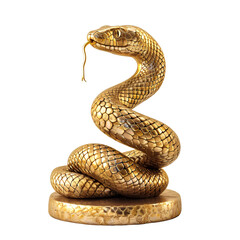 Golden snake statue, a coiled snake raised its neck high, stuck out its tongue, and stared at something, Isolated on transparent background.