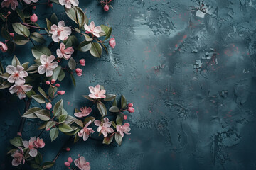 Slide Background with green leaves and pink flowers  framing on a grey blue stucco wall. Background image. Created with Generative AI technology.