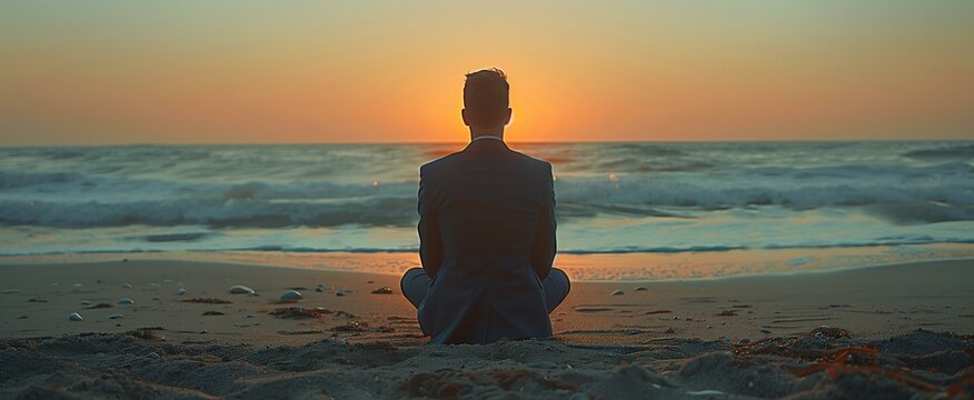 A man meditating on the beach at sunset, his silhouette against the backdrop of the ocean and sky. He is wearing black with no hair or facial features visible
