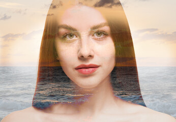 Double exposure of beautiful woman and sea at sunset