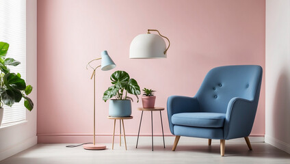 A blue armchair and a table with a plant on it in front of a pink wall. - obrazy, fototapety, plakaty