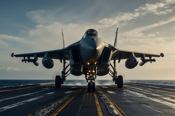A fighter jet take off from an aircraft carrier - obrazy, fototapety, plakaty