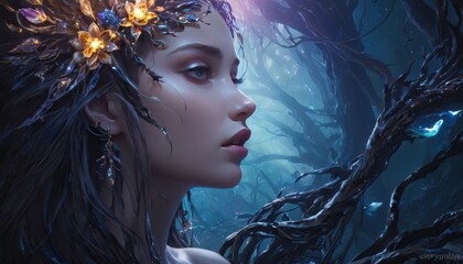 An artistic depiction of a nymph blending with the twilight, her presence intertwined with dark, organic forms. AI Generation