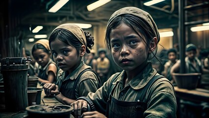 Obraz premium Sad and Dark Faces of Children: World Day Against Child Labour