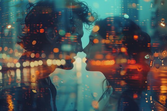 Couple face silhouettes overlaid with city lights